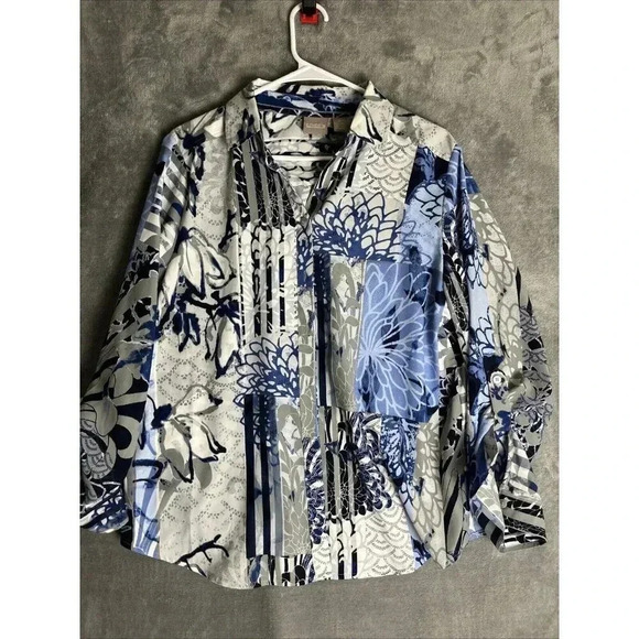 Chicos Womens L Sophia Floral Stripe Button Up Blouse Top Roll Tab Silky Career - Picture 1 of 6